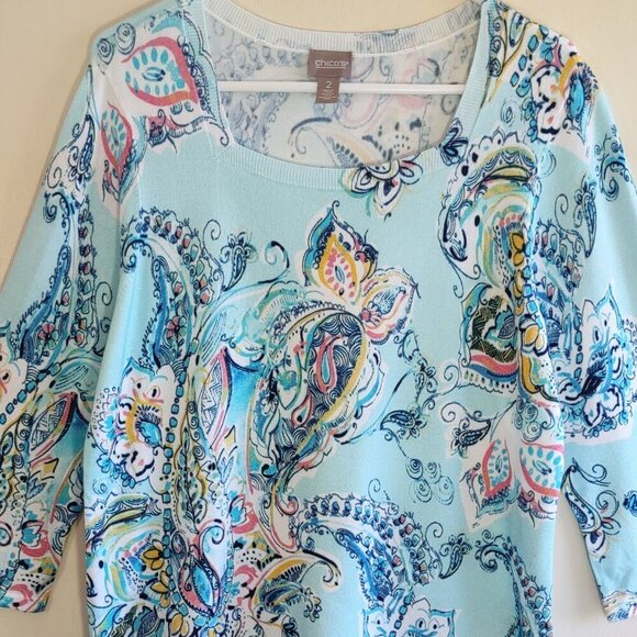 NEW Chico's Floral Paisley Top Lightweight Knit 3/4 Sleeve Boho Chic Large - Picture 2 of 9